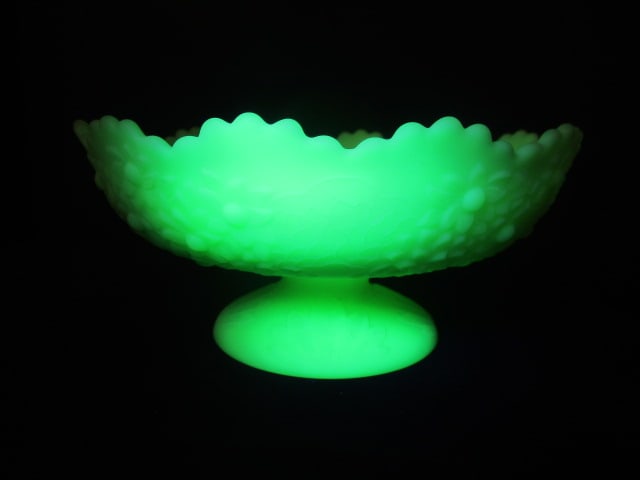 Fenton "Orange Tree" Uranium/Vaseline Custard Glass Footed Candle Centerpiece Bowl: 8"dia x 3 3/4"h