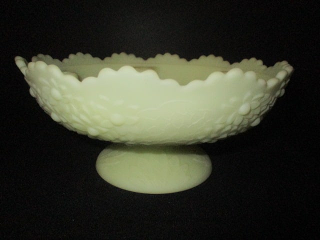 Fenton "Orange Tree" Uranium/Vaseline Custard Glass Footed Candle Centerpiece Bowl - 2