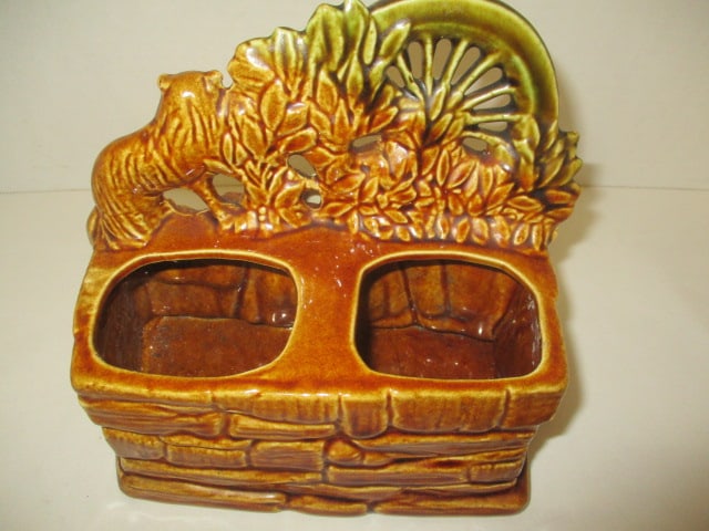 1940-50's McCoy Scottie Dog & Cat Spinning Wheel Planter - 3