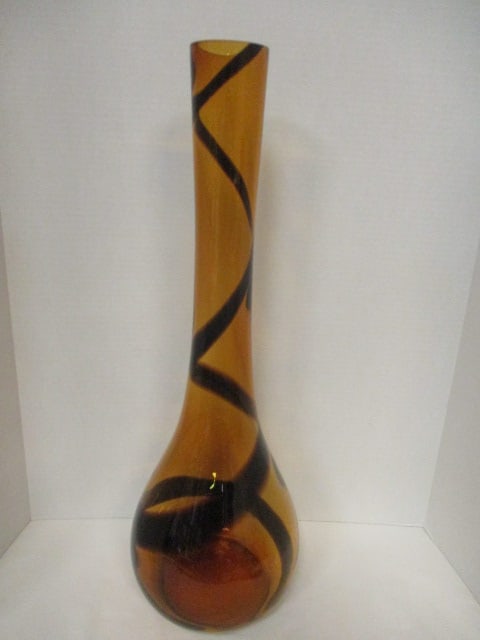 Tall Oversized Amber Glass Vase with Brown Ribbon Swirl: 25 3/4"h