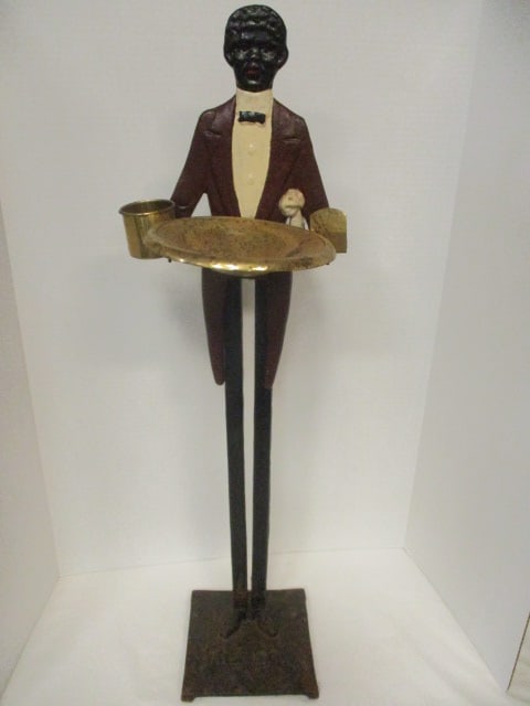 Handpainted Cast Iron Black Americana Smoker's Stand: 33 3/4"h, has brass ashtray, cigarette holder and match box holder, some rust spots on base