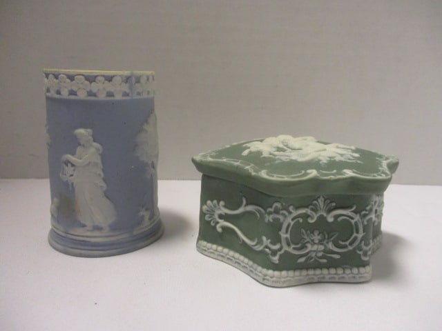 Circa 1980-1910 Schafer & Vater German Jasperware Trinket Box and Classical Scene Vase