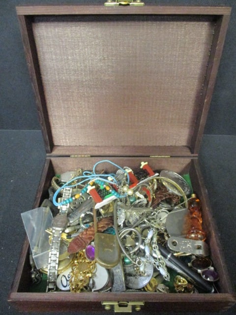 Wood Box of Fashion Jewelry, Ballpoint Pens, Wrist Watches, Money Clip, Laundry Pin, etc.: box 8 1/2" x 7 1/2" x 2 1/2"see pictures and preview for selection