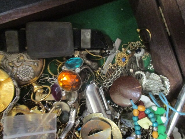 Wood Box of Fashion Jewelry, Ballpoint Pens, Wrist Watches, Money Clip, Laundry Pin, etc. - 3