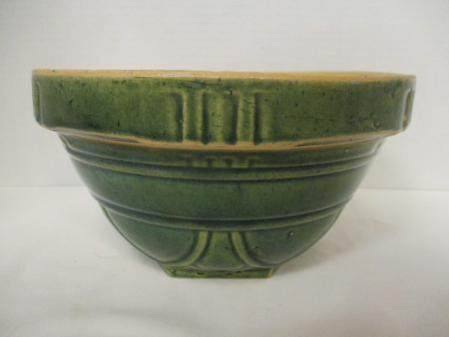 Circa 1910-20 Green Salt Glaze Stoneware Mixing Bowl: 9 1/2"dia x 5 1/4", impressed "9" on bottom, dating per consigner note