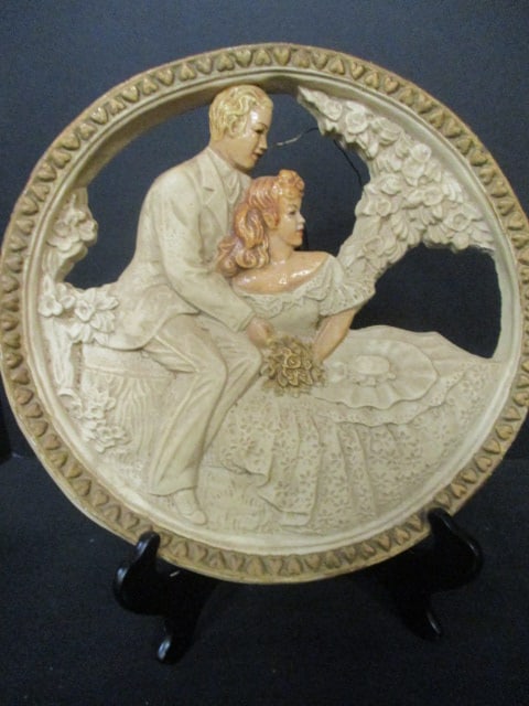 Circa 1920's Victorian Couple Chalkware Wall Sculpture/Plaque: 10 1/2"dia, includes wood stand, dating per consigner note