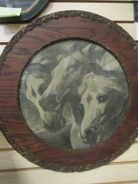 Antique Stallion Horse Lithograph in Round Wood Frame with Applied Scroll Work: .