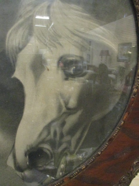 Antique Stallion Horse Lithograph in Round Wood Frame with Applied Scroll Work - 2
