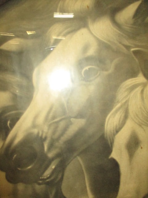 Antique Stallion Horse Lithograph in Round Wood Frame with Applied Scroll Work - 3