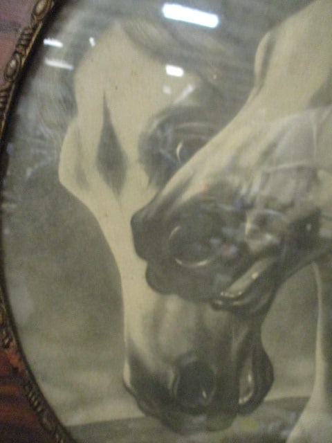 Antique Stallion Horse Lithograph in Round Wood Frame with Applied Scroll Work - 4