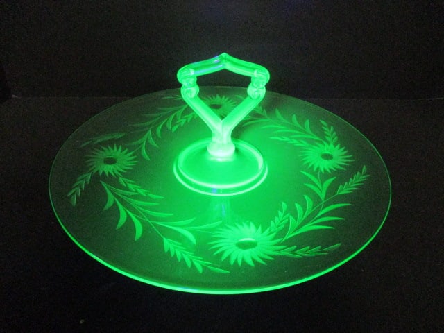 Circa 1930-40's Green Uranium/Vaseline Glass Handled Sandwich/Treat Tray: 12 3/4"dia, etched floral designs, dating per consigner note