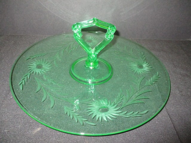 Circa 1930-40's Green Uranium/Vaseline Glass Handled Sandwich/Treat Tray - 2