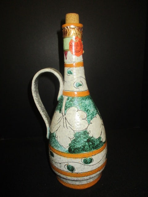 Circa 1964 Fratelli Fanciullacci Italian Pottery Chianti Wine Decanter: 11"h, Handpainted has original labels, dating per consigner note
