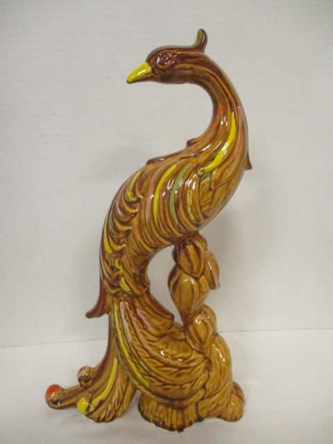 Midcentury Maddux Pottery California Pottery Majolica Style Peacock/Pheasant Figure: 14 1/2"