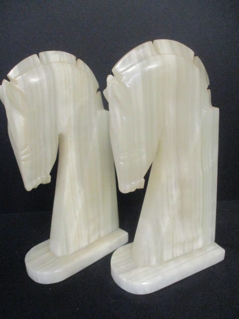 Pair of Midcentury Alabaster Trojan Horse Bookends: 10 1/4"h, chips on ears