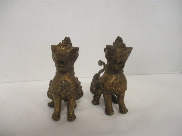 Pair of Circa 1900-20 Gold Gilt Bronze Asian Foo Dog Figures: 4 1/2"h, per consigner note solid cast