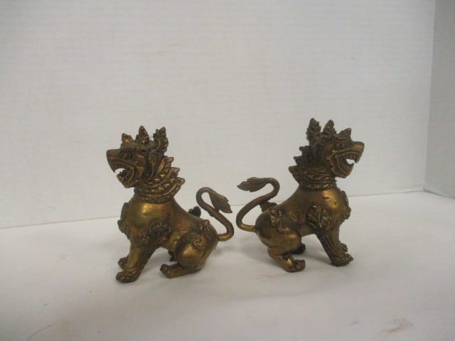 Pair of Circa 1900-20 Gold Gilt Bronze Asian Foo Dog Figures - 2