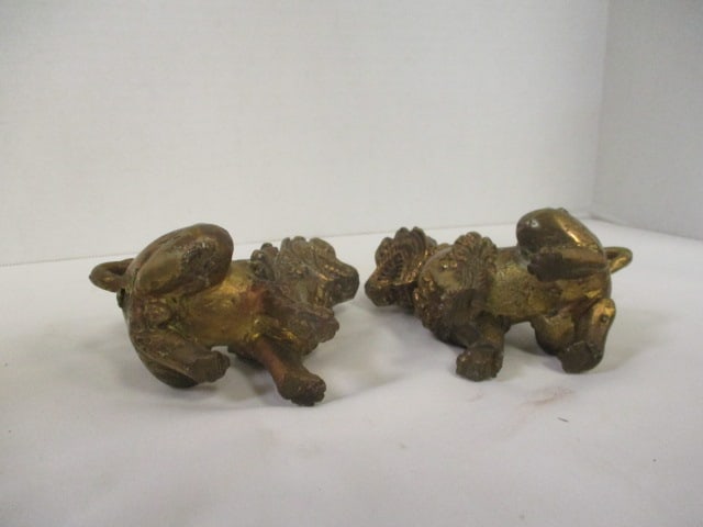 Pair of Circa 1900-20 Gold Gilt Bronze Asian Foo Dog Figures - 5