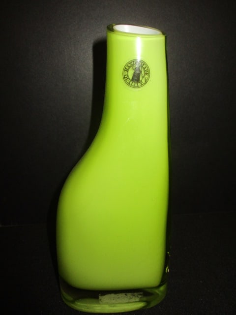 IKEA Okkso Cased Lime Green Asymmetrical Hand Blown Vase: 8"h, has Handmade Quality Sticker and original IKEA price tag on bottom