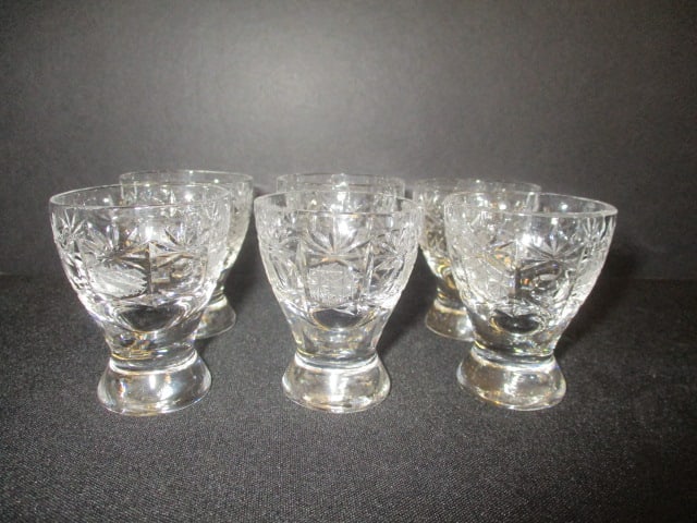 Set of Six Cut Crystal Shot Glasses: 2 3/8"h, some flea bites