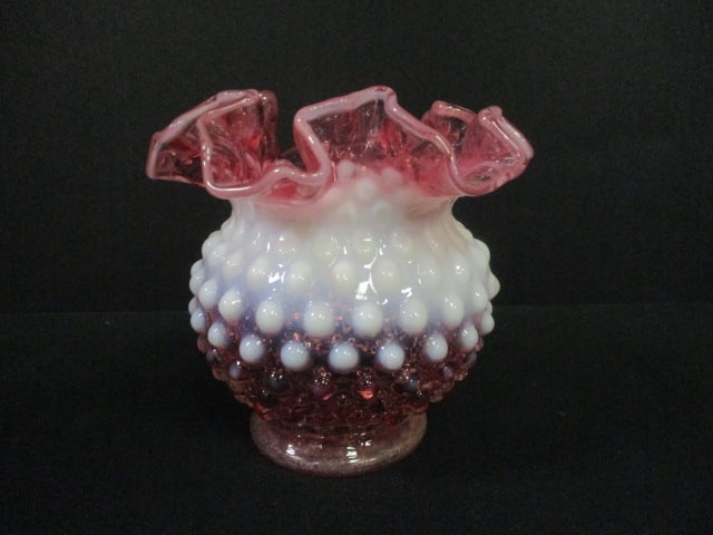 Vintage Unmarked Fenton Opalescent Cranberry Hobnail Ruffle Vase: 4 3/4"h