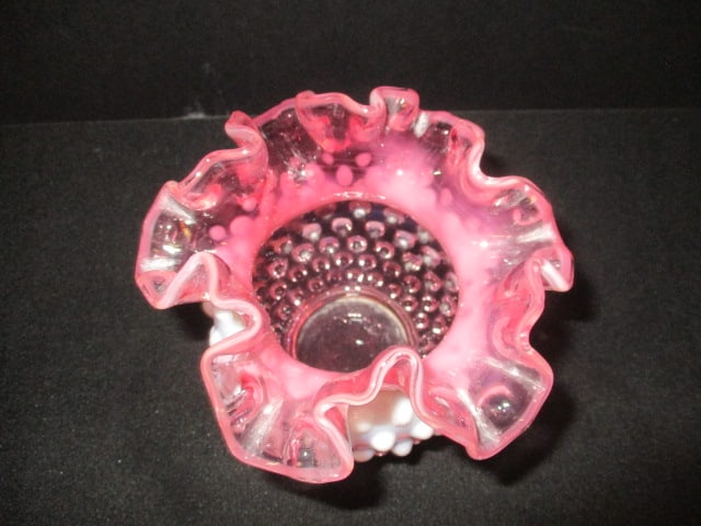 Vintage Unmarked Fenton Opalescent Cranberry Hobnail Ruffle Vase - 2