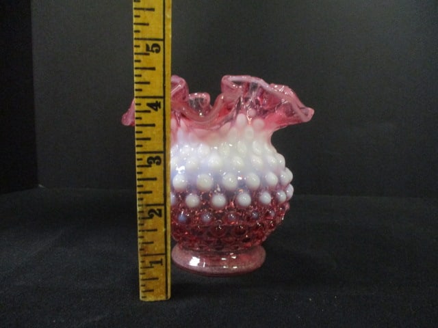Vintage Unmarked Fenton Opalescent Cranberry Hobnail Ruffle Vase - 4