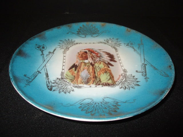 Circa 1910-20 Royal Saxe "Chief High Hawk" Native American Image on German Porcelain Plaque: 8 3/8"dia