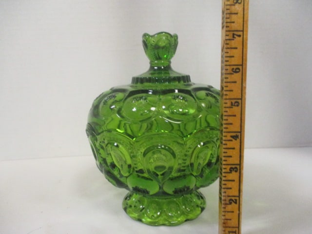 Midcentury L.E. Smith "Moon & Stars" Green Lidded Compote - 5
