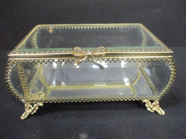 Rachel Ashwell Beveled Glass and Gold Tone Metal Casket Jewelry Box with Mirror Bottom: 7 1/2" x 4" x 3 1/4"