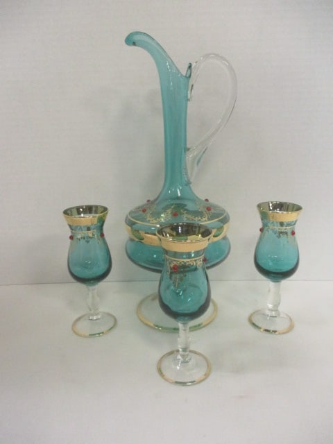 Vintage Hand Blown Jeweled Green Glass Sherry/Cordial Set: Ewer 13"h, (3)5 3/4"h cordials, gold gilt band accents