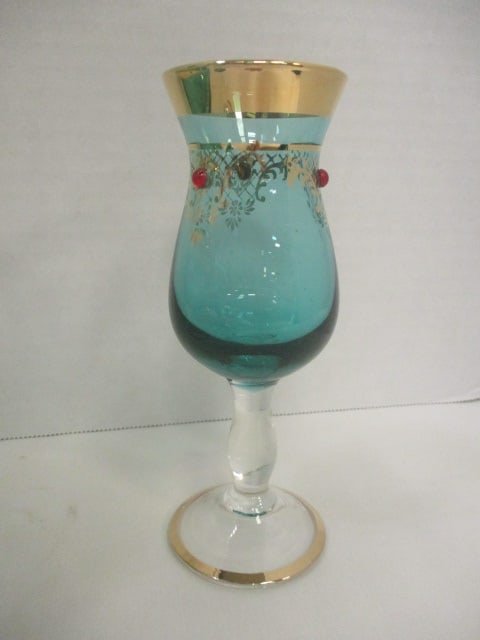 Vintage Hand Blown Jeweled Green Glass Sherry/Cordial Set - 2