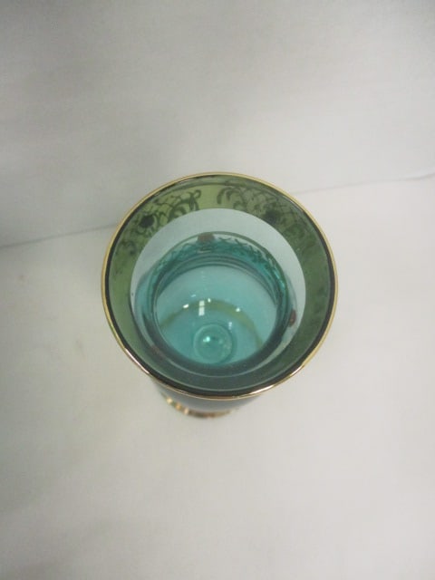 Vintage Hand Blown Jeweled Green Glass Sherry/Cordial Set - 3
