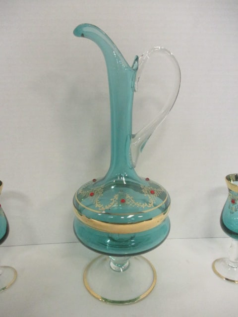 Vintage Hand Blown Jeweled Green Glass Sherry/Cordial Set - 4