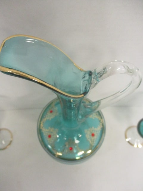 Vintage Hand Blown Jeweled Green Glass Sherry/Cordial Set - 5