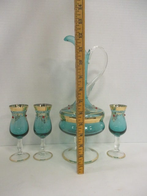 Vintage Hand Blown Jeweled Green Glass Sherry/Cordial Set - 6