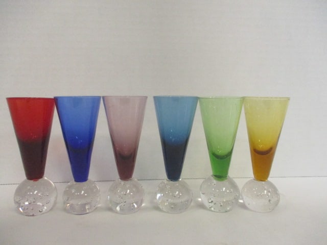 Six Colorful Midcentury Hand Blown Cordial/Shot Glasses with Controlled Bubble Ball Foot: 4 1/4"h