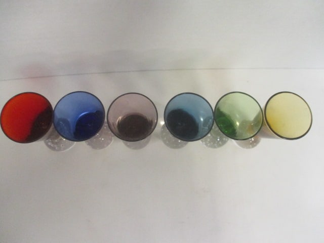 Six Colorful Midcentury Hand Blown Cordial/Shot Glasses with Controlled Bubble Ball Foot - 2