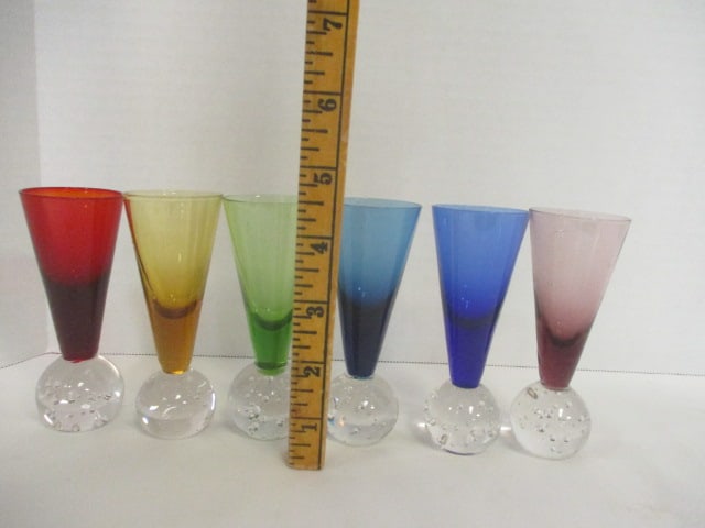 Six Colorful Midcentury Hand Blown Cordial/Shot Glasses with Controlled Bubble Ball Foot - 6