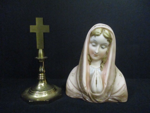 Vintage Baldwin Brass Cross and Norcrest Porcelain Virgin Mary Madonna Porcelain Figure: Cross 5 1/2"h, Madonna 5 1/4"h