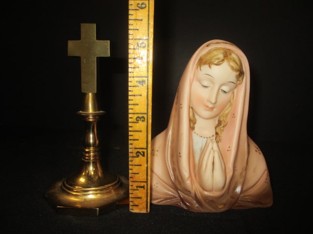 Vintage Baldwin Brass Cross and Norcrest Porcelain Virgin Mary Madonna Porcelain Figure - 7