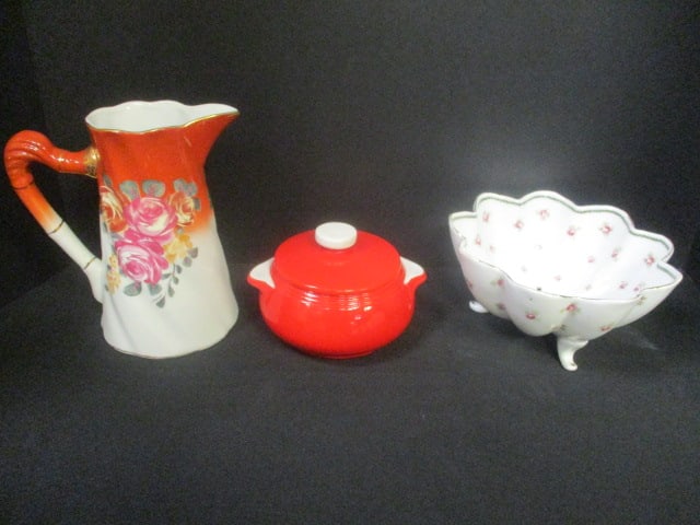 Victoria Porcelain Footed Berry Bowl, Handpainted Porcelain Milk Pitcher and: 1930's Hall's Superior Quality Kitchenware Red/White Covered Dish. Berry bowl 7"dia x 3 1/2"h, Pitcher 7 1/4"h, Hall's 3 3/4"h