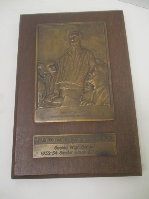 "Award for Outstanding Achievement 1953-54 Easley High School Senior Class" Award: with "Norman Rockwell Freedom of Speech" Bronze Relief Presentation Plaque. 9 1/4" x 6 1/4"