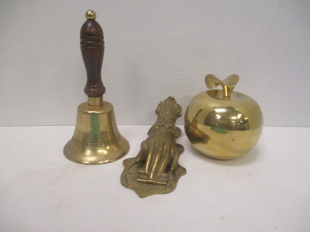 Brass School House Hand Bell, Solid Brass Apple Paperweight and Victorian Hand: Message Holder