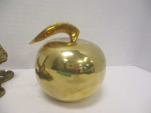 Brass School House Hand Bell, Solid Brass Apple Paperweight and Victorian Hand - 2