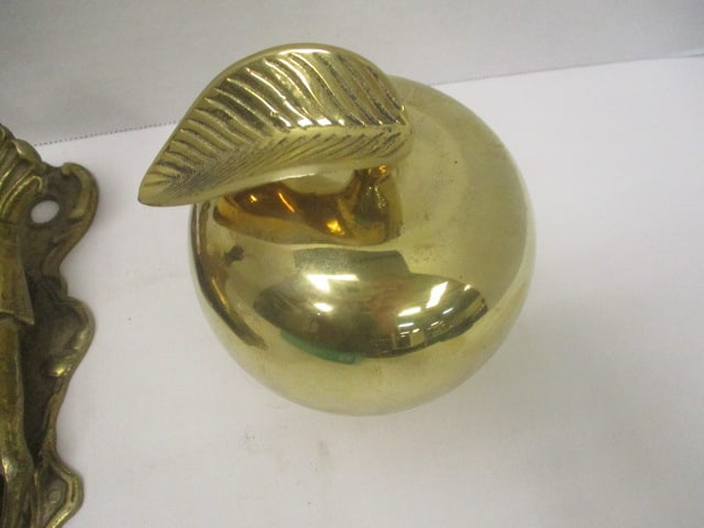 Brass School House Hand Bell, Solid Brass Apple Paperweight and Victorian Hand - 3