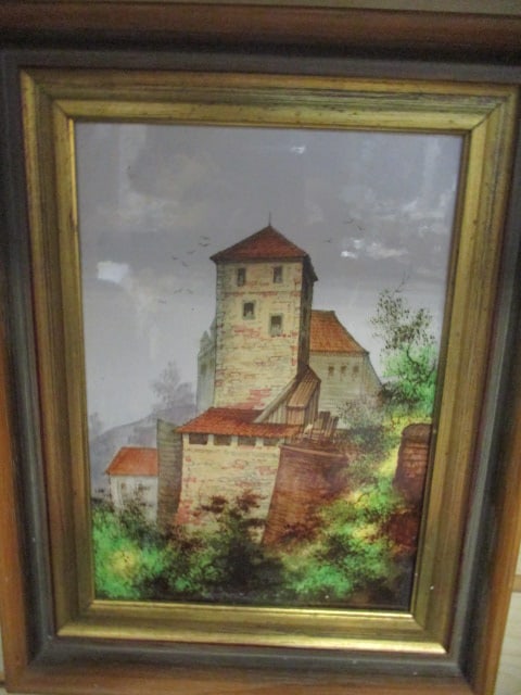 Vintage Framed Handpainted European Scene Tile: 9" x 11 1/2", per consigner note purchased from Estate in Florida