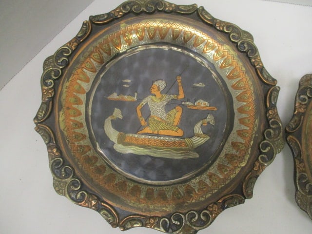 Vintage Middle Eastern Copper Ewer and Two Mixed Metal Wall Plaques - 7