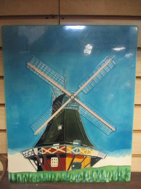 Vintage Colorful Handpainted Windmill Glazed Ceramic Tile Wall Plaque: 13" x 16"