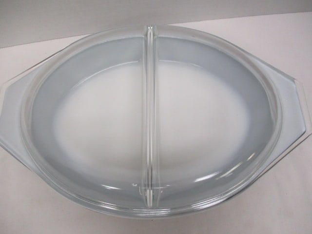 Midcentury Pyrex Charcoal Black "Snowflake" Divided Covered Casserole - 2